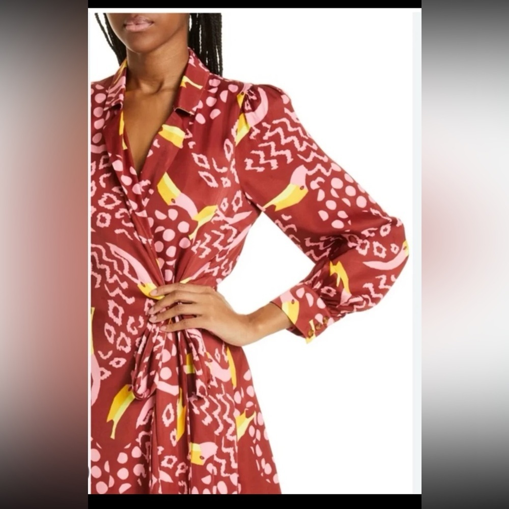 Farm Rio Toucanissimo Long Sleeve Print Beaded Tie Dress size Medium - Picture 4 of 12